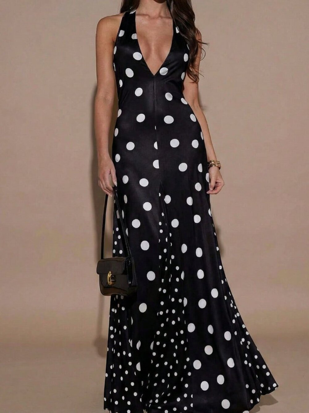 Black Sexy Women's Polka Dot Print Halter Backless Sleeveless Dress
